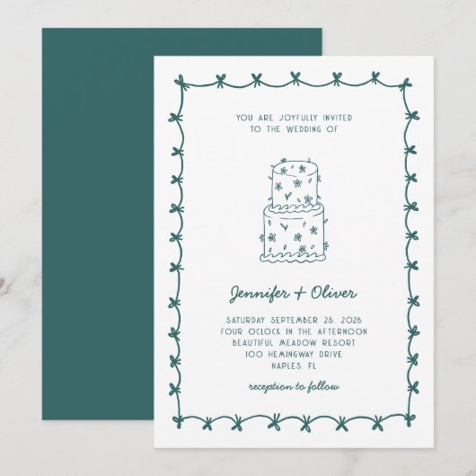 Whimsical Hand Drawn Wedding Cake Teal Einladung (Vorne/Hinten)