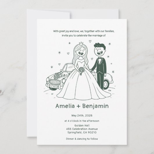Whimsical Hand Drawn Wedding Couple | Wedding Einladung (Vorderseite)