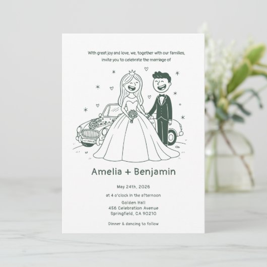 Whimsical Hand Drawn Wedding Couple | Wedding Einladung (Stehend Vorderseite)