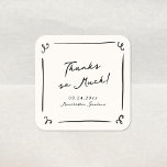 Whimsical Hand Drawn Wedding Danke Quadratischer Aufkleber<br><div class="desc">Dieses bezaubernde Design zeichnet sich durch handgezeichnete Elemente und einen skurrilen,  fetten Text aus.</div>