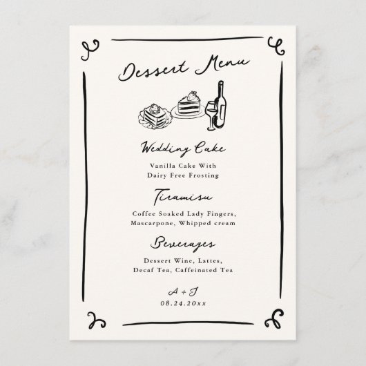 Whimsical Hand Drawn Wedding Dessert Menü Menükarte (Vorderseite)