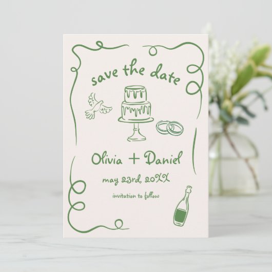 Whimsical Hand Drawn Wedding Foto Green Save The Date (Stehend Vorderseite)
