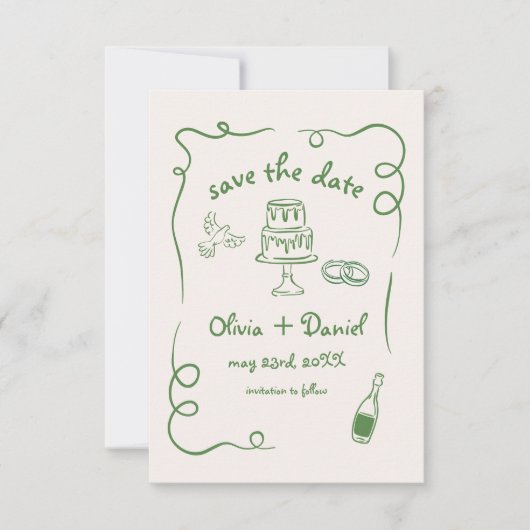 Whimsical Hand Drawn Wedding Foto Green Save The Date (Vorderseite)