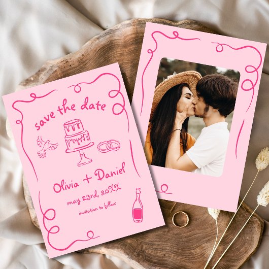 Whimsical Hand Drawn Wedding Foto Hot Pink Save The Date