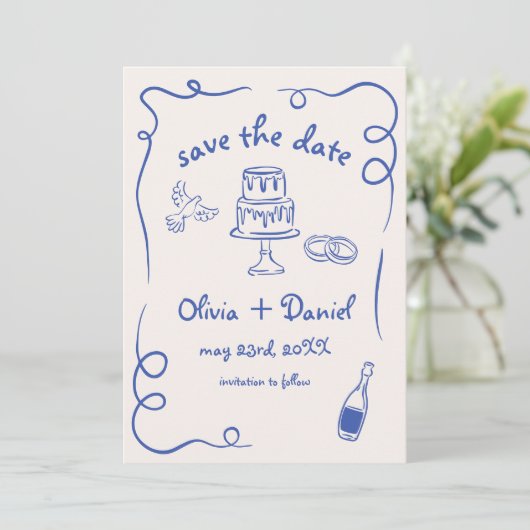 Whimsical Hand Drawn Wedding Foto Navy Blue Save The Date (Stehend Vorderseite)