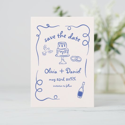 Whimsical Hand Drawn Wedding Foto Navy Blue Save The Date (Stehend Vorderseite)