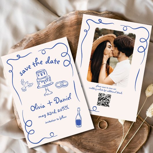 Whimsical Hand Drawn Wedding Foto Navy Blue Save The Date