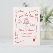 Whimsical Hand Drawn Wedding Foto Red Save The Date (Stehend Vorderseite)