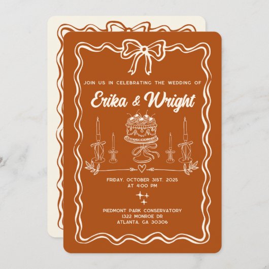 Whimsical Hand Drawn Wedding Invitation Cute Bows Einladung (Vorne/Hinten)