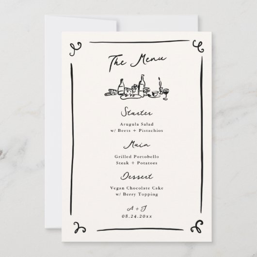 Whimsical Hand Drawn Wedding Menu Einladung (Vorderseite)