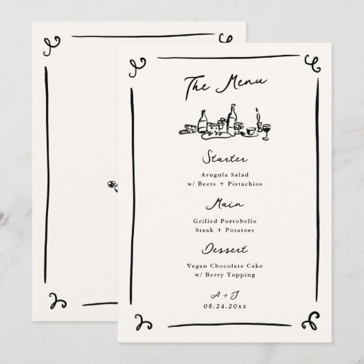 Whimsical Hand Drawn Wedding Menu Einladung (Vorne/Hinten)