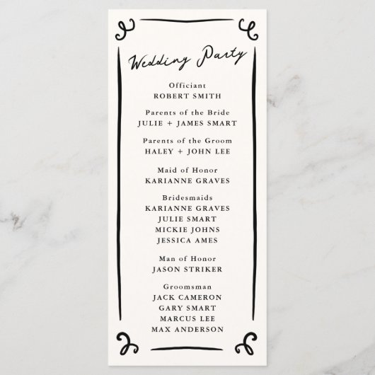 Whimsical Hand Drawn Wedding Program + Party Menükarte (Rückseite)