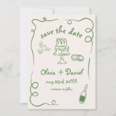 Whimsical Hand Drawn Wedding Quirky Green Save The Date (Vorderseite)