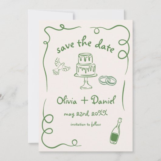 Whimsical Hand Drawn Wedding Quirky Green Save The Date (Vorderseite)