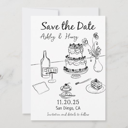 Whimsical Hand Drawn Wedding speichern das Datum Einladung (Vorderseite)