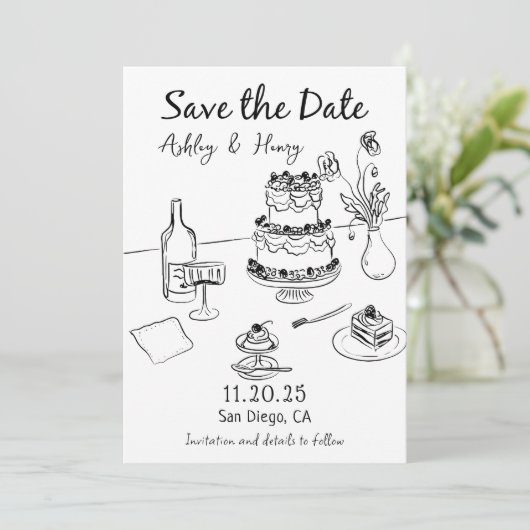 Whimsical Hand Drawn Wedding speichern das Datum Einladung (Stehend Vorderseite)