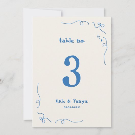 Whimsical Hand Drawn Wedding Tischnummer Zeichen (Vorderseite)
