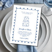 Whimsical Hand Drawn Wedwn Cake Blue White Einladung