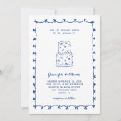 Whimsical Hand Drawn Wedwn Cake Blue White Einladung (Vorderseite)