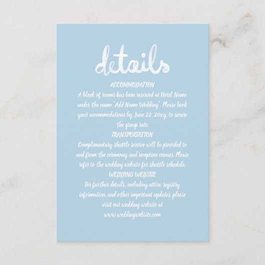 Whimsical Hand geschrieben einfache hellblaue Weiß Begleitkarte (Vorderseite)