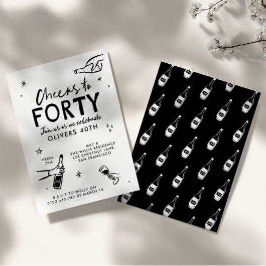 Whimsical Hand gezeichnet 40. Geburtstag Drinks Pa Einladung