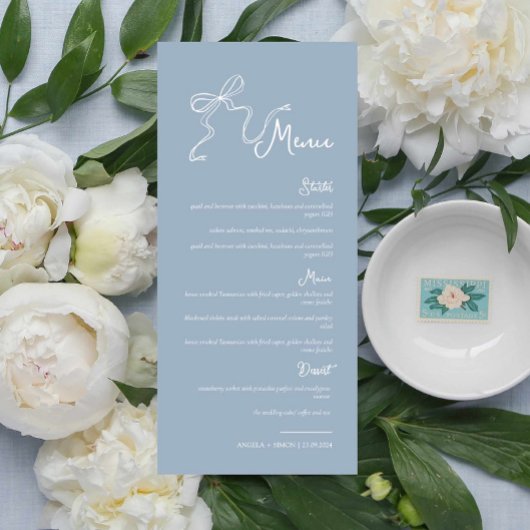 Whimsical Hand gezeichnet Bow Dusty Blue Wedding M Menükarte