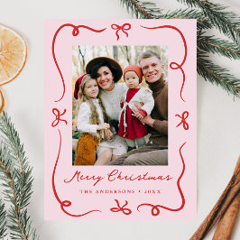 Whimsical Hand Gezeichnet Bows Rosa und Rotes Foto Feiertagspostkarte