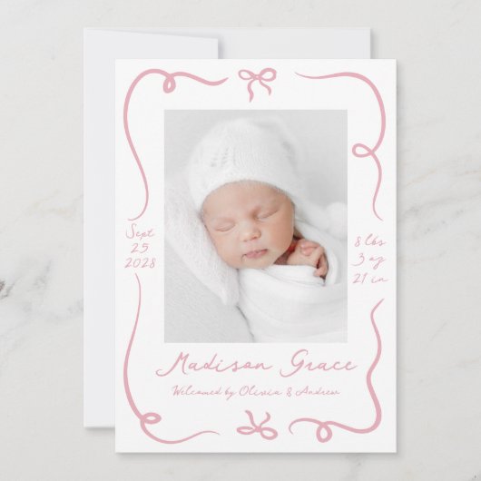 Whimsical Hand Gezeichnet Pink Bows 2 Foto Geburt Ankündigung (Vorderseite)