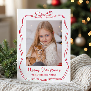 Whimsical Hand Gezeichnet Red Bow Meowy Weihnachts Feiertagskarte