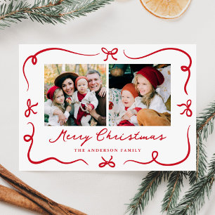 Whimsical Hand Gezeichnet Red Bows 2 Foto Weihnach Feiertagskarte