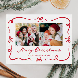 Whimsical Hand Gezeichnet Red Bows 2 Foto Weihnach Feiertagspostkarte