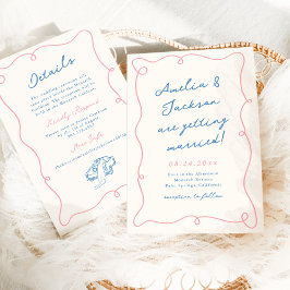 Whimsical Hand gezeichnet Rosa & Blau Hochzeit + D Einladung