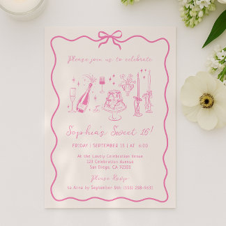 Whimsical Hand gezeichnet Rosa Geburtstagsparty Einladung