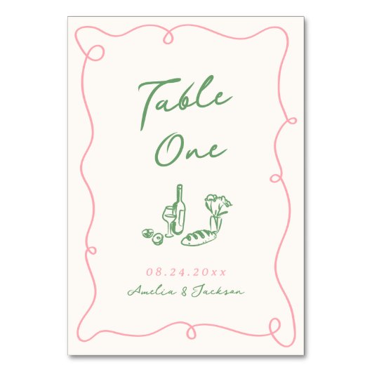 Whimsical Hand gezeichnet Rosa & Grün Tischnummer (Rückseite)