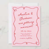 Whimsical Hand gezeichnet Rosa & Rote Hochzeit + D Einladung (Vorderseite)