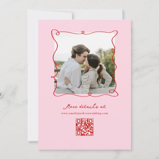 Whimsical Hand gezeichnet Rosa & Rote Hochzeit + D Save The Date (Rückseite)