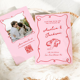 Whimsical Hand gezeichnet Rosa & Rote Hochzeit + D Save The Date