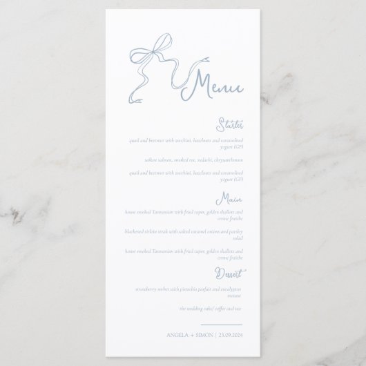 Whimsical Hand gezeichnete Bow Light Blue Wedding Menükarte (Vorderseite)