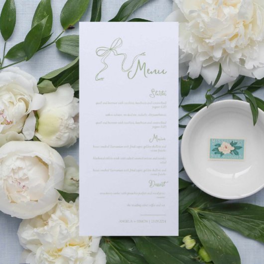 Whimsical Hand gezeichnete Bow Sage Green Wedding Menükarte
