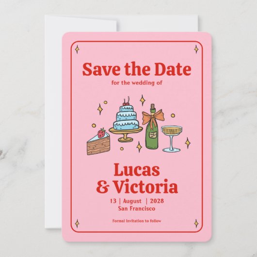 Whimsical Hand gezogen Bold Red & Pink Save the Da Einladung (Vorderseite)