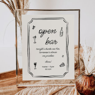 Whimsical Hand gezogen Französisch Open Bar Sign Poster
