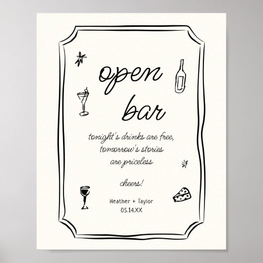 Whimsical Hand gezogen Französisch Open Bar Sign Poster (Vorne)