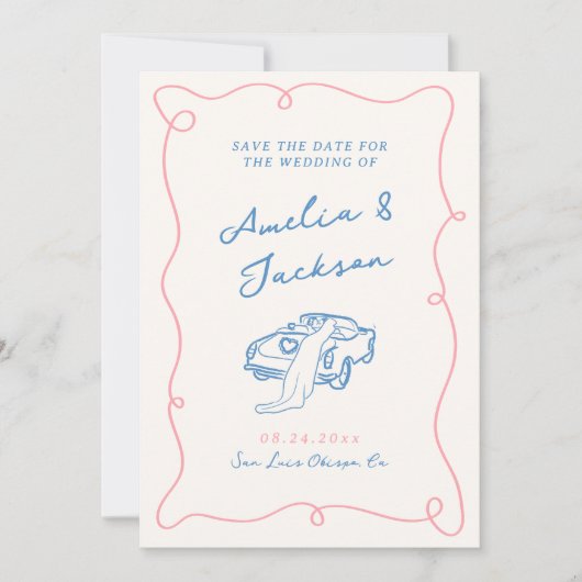 Whimsical Hand gezogen Rosa & Blau Save the Date Einladung (Vorderseite)