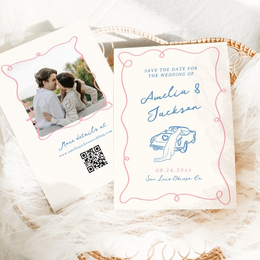 Whimsical Hand gezogen Rosa & Blau Save the Date Einladung