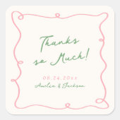 Whimsical Hand gezogen Rosa & Grün Vielen Dank Quadratischer Aufkleber (Vorderseite)