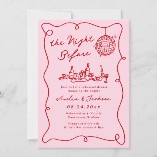 Whimsical Hand gezogen Rosa & Rot Nacht vor Einladung (Vorderseite)