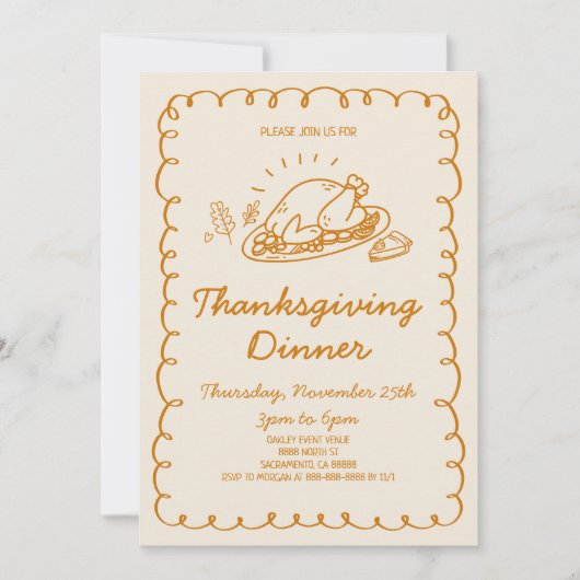 Whimsical Hand gezogen Türkei Erntedank Abendessen Einladung (Vorderseite)