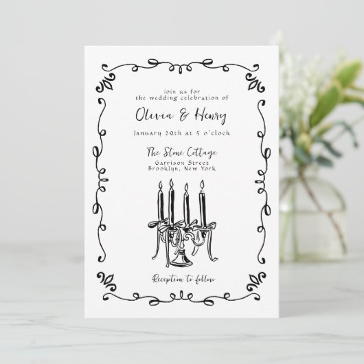 Whimsical Hand Lettered Bow Candelabra Wedding Einladung (Stehend Vorderseite)