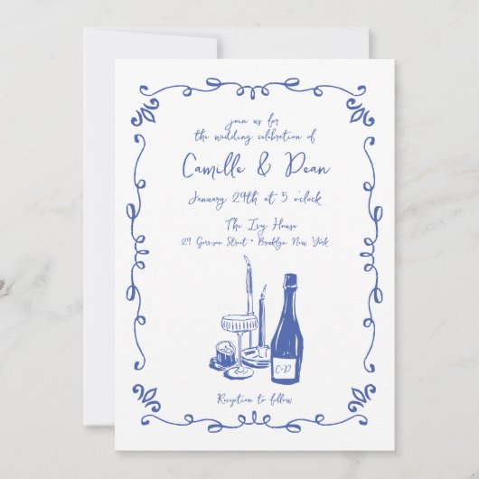Whimsical Hand Lettered Illustrated Dinner Wedding Einladung (Vorderseite)