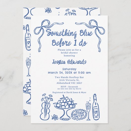 Whimsical Hand zeichnet etwas Blaues Brautparty Einladung (Vorne/Hinten)